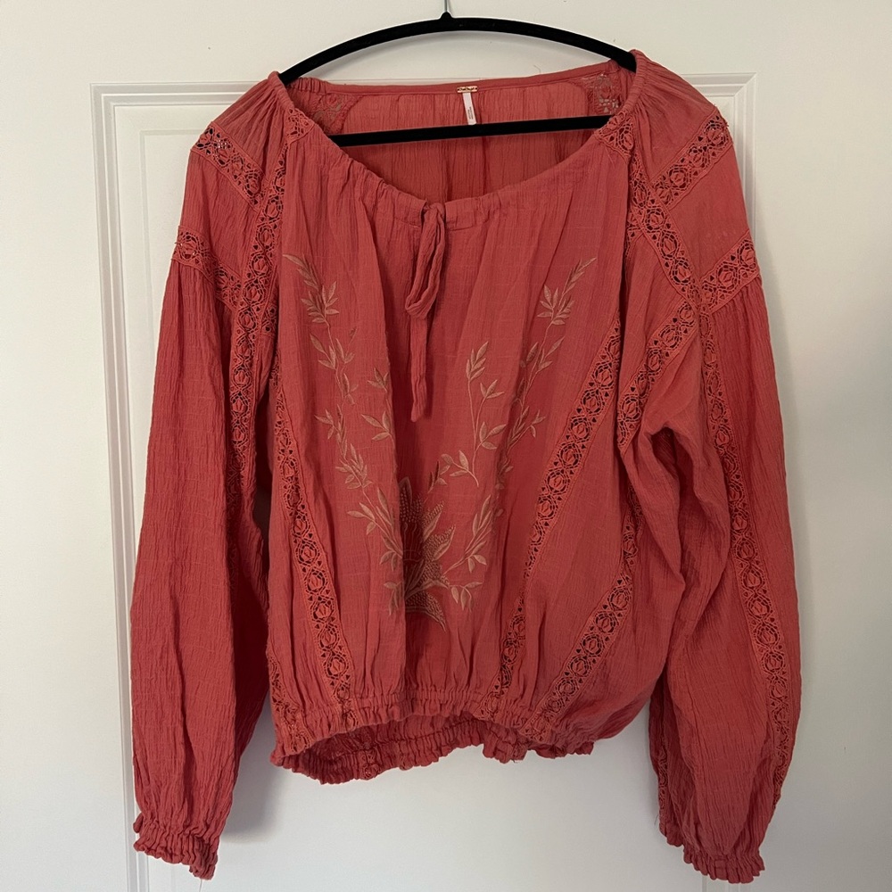 Free People Terracotta Embroidered Blouse